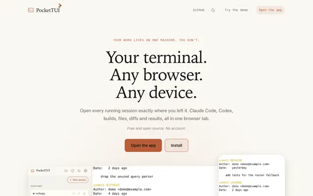 Screenshot of PocketTUI — Your terminal, in any browser