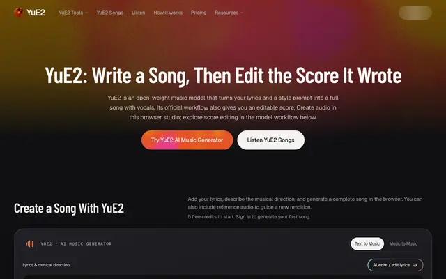 Screenshot of YuE2: Frontier AI Music Generation With Editable Scores