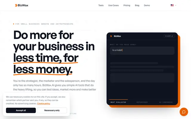 Screenshot of Bizwax.ai: AI tools for founders and small businesses
