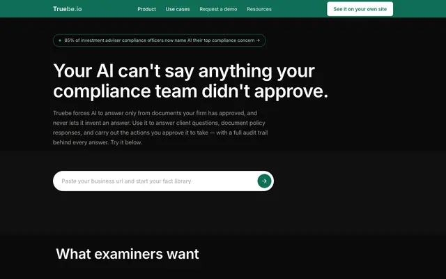 Screenshot of Truebe — AI hallucination prevention with human-approved answers