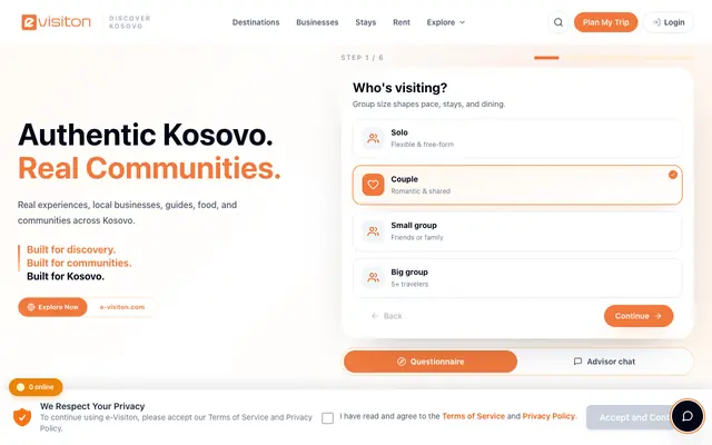 Screenshot of E-Visiton | Kosovo Travel, Local Businesses & City Guides