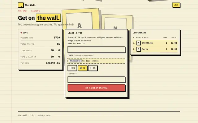 Screenshot of The Wall — tip, stick your name, rain as post-its