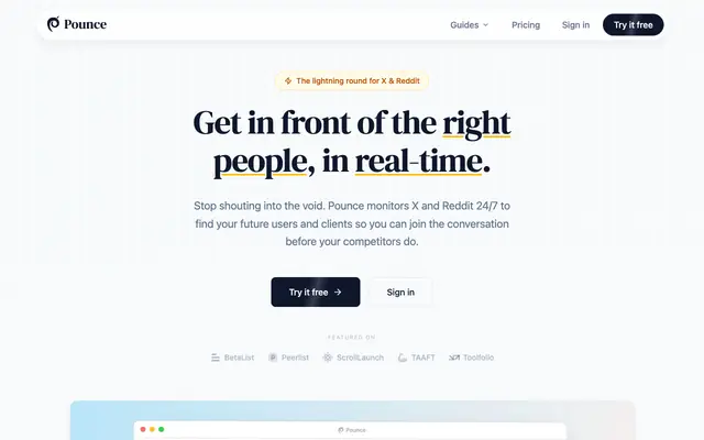 Screenshot of Pounce: Get in front of the right people on X & Reddit