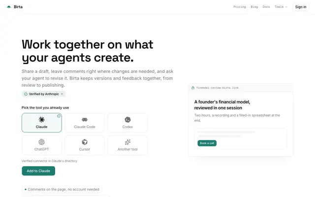 Screenshot of Birta - Your agent builds the site, Birta publishes and hosts it