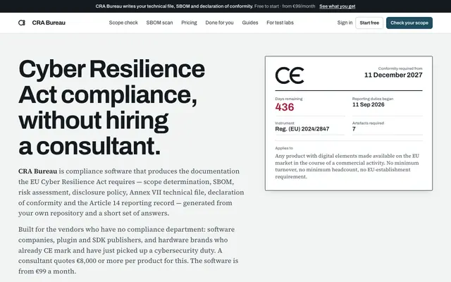 Screenshot of CRA Compliance Software for EU Vendors