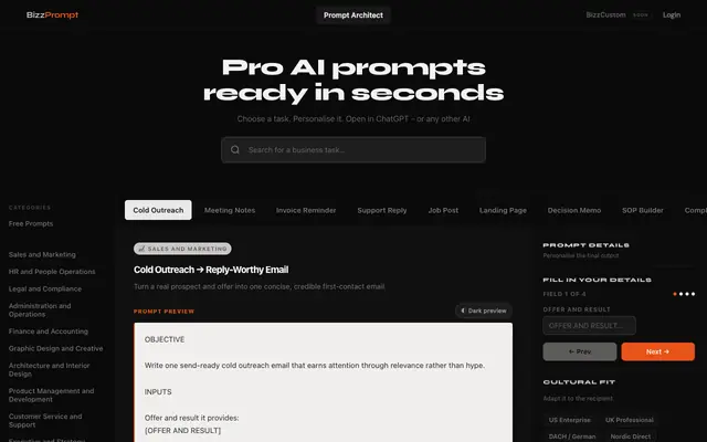 Screenshot of AI Prompts & Workflows for Business | Sales, Marketing, HR, Legal | BizzPrompt