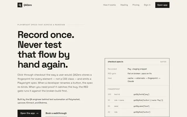 Screenshot of QAZero — Record a flow. Keep a Playwright spec that heals.