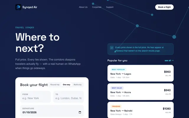Screenshot of Synqed Air — Transparent Flight Booking for the Diaspora