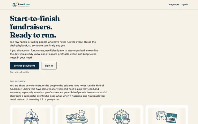 Screenshot of RaiseSpace · Start-to-finish fundraisers. Ready to run.