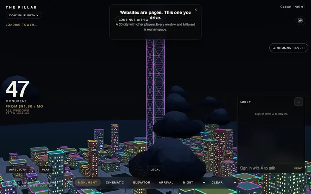 Screenshot of The Pillar — a 3D tower where every window is licensed ad space