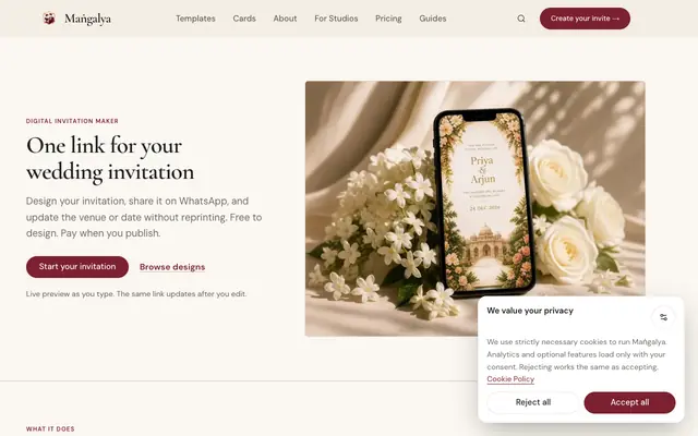 Screenshot of Maṅgalya — Indian Wedding Invitation & Website Maker