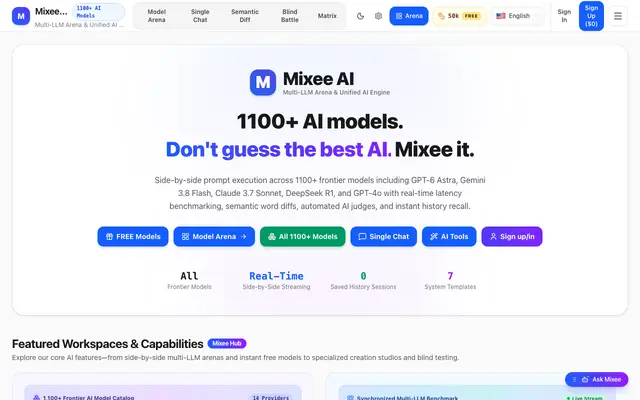 Screenshot of Mixee AI – 1100+ AI models. Don't guess the best AI. Mixee it.