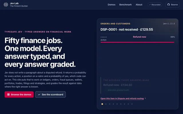 Screenshot of Jev Lab — typed LLM answers on 50 real financial jobs