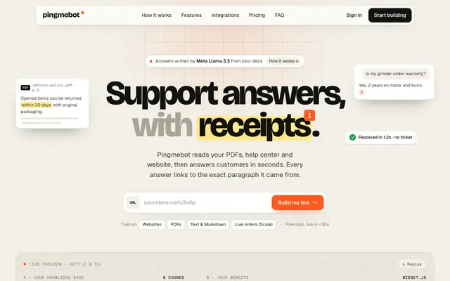 Screenshot of Pingmebot | Build Custom AI Chatbots from Your Docs in 30 Seconds