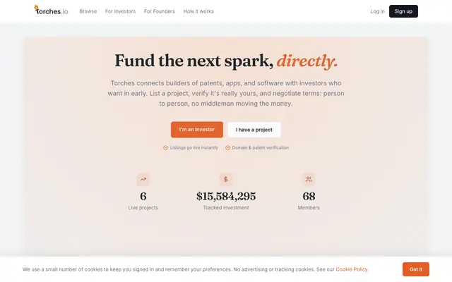 Screenshot of Get Investment for Your App, Patent, or Software | Torches