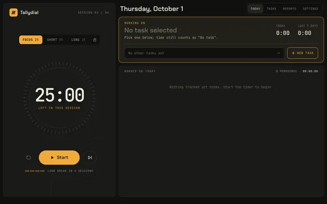 Screenshot of Tallydial — Free Pomodoro Timer & Task Time Tracker