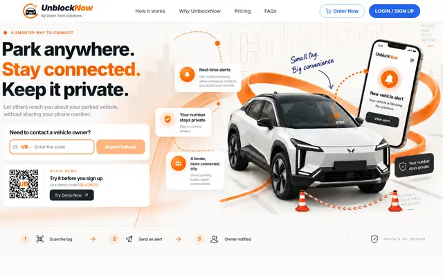 Screenshot of UnblockNow | Smart Parking Tag & Vehicle QR Sticker India