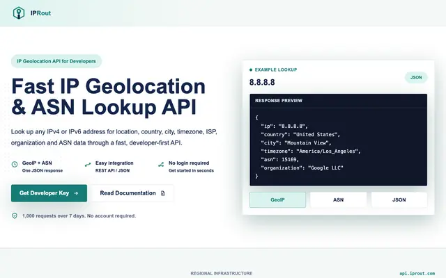 Screenshot of IP Geolocation, GeoIP & ASN Lookup API | IPRout