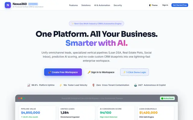 Screenshot of Nexus360 — AI-Powered Unified CRM & Automation Platform
