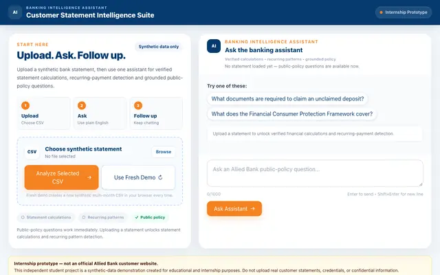 Screenshot of Customer Statement Intelligence Suite | Student Internship Prototype