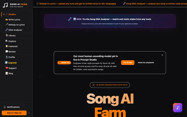 Screenshot of Song AI Farm | Free Suno Prompt Generator & AI Music Tool