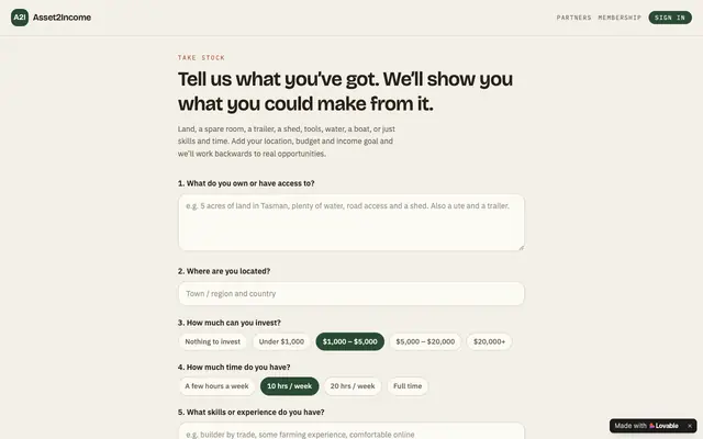 Screenshot of Asset2Income — turn what you own into income