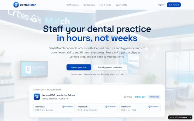 Screenshot of DentalMatch — Staff your dental practice in hours