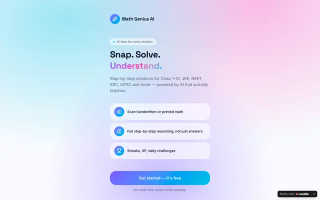 Screenshot of Math Genius AI — Snap. Solve. Understand.