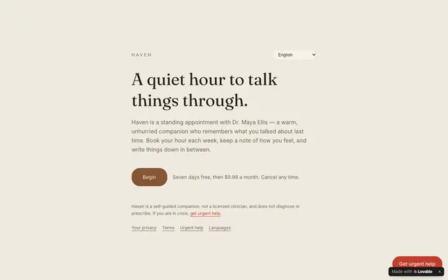Screenshot of Haven — a quiet hour to talk things through