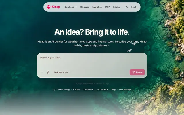 Screenshot of AI Builder for Apps, Tools, Sites & More | Kleap