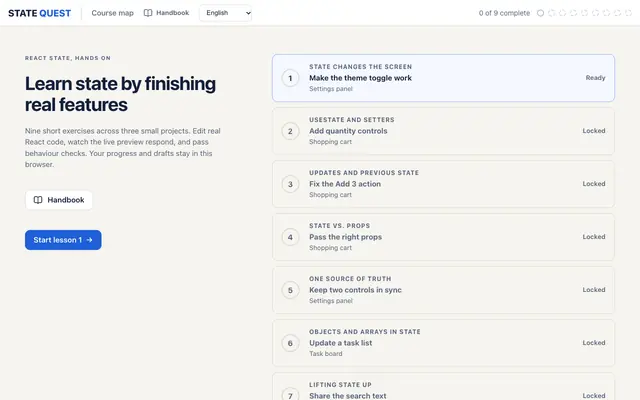 Screenshot of State Quest — Learn React state by building