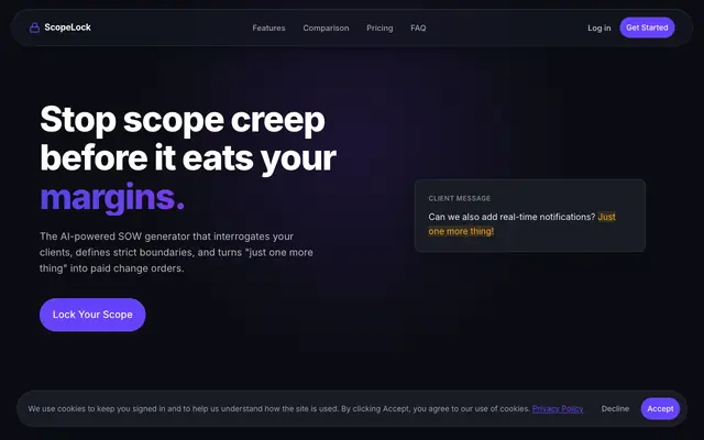 Screenshot of ScopeLock | Stop Scope Creep, Protect Your Margins | ScopeLock