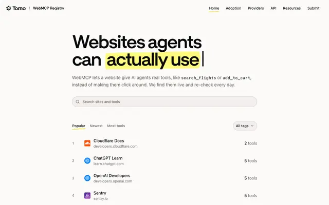 Screenshot of WebMCP Registry: Websites agents can actually use