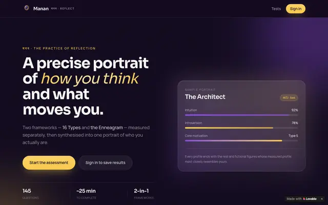Screenshot of Manan — Personality assessment for the whole self