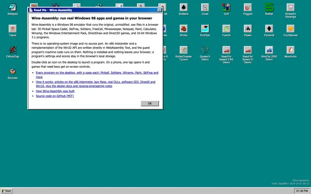 Screenshot of Wine-Assembly — Run Windows 98 apps and games in your browser