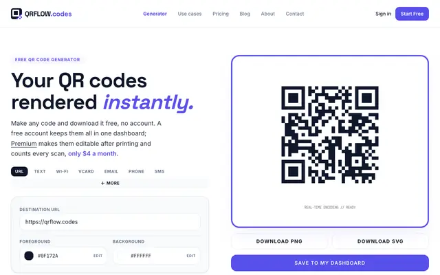 Screenshot of Free QR code generator | Dynamic QR codes - QRFLOW.codes