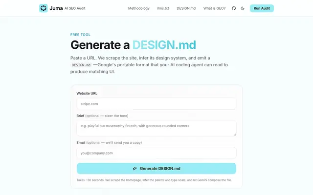 Screenshot of Free DESIGN.md Generator | Juma.ai