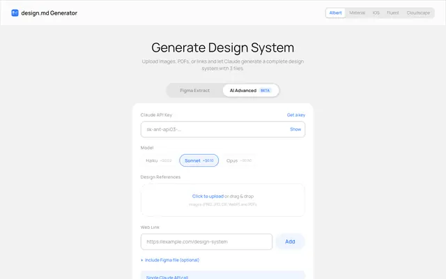 Screenshot of design.md Generator — AI Design System from Figma, Images & PDFs