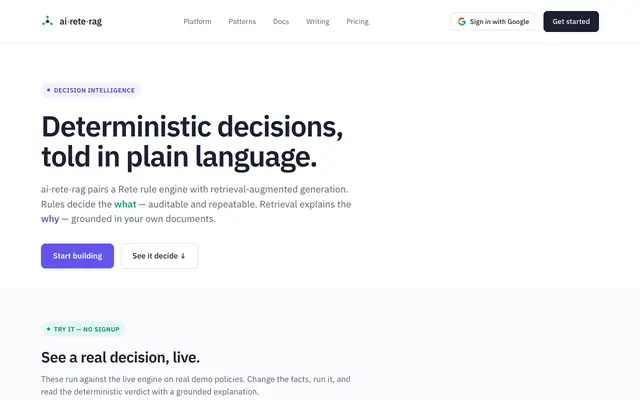 Screenshot of ai·rete·rag — Deterministic decisions, told in plain language
