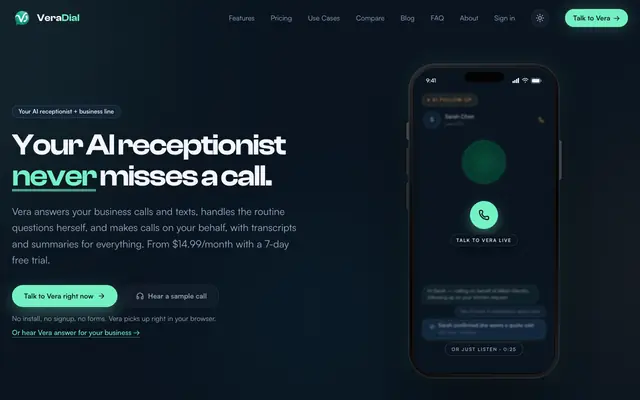 Screenshot of VeraDial — AI Receptionist & Business Line from $14.99/mo