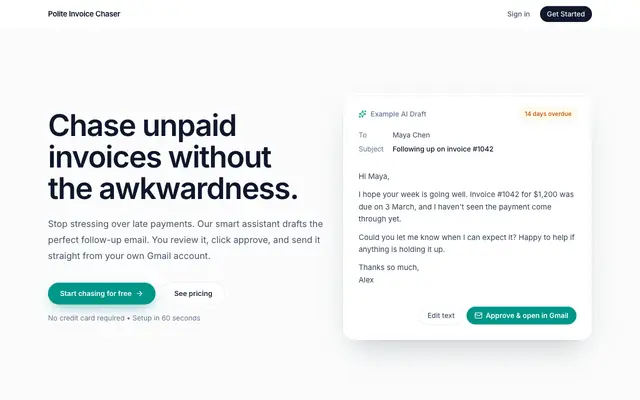 Screenshot of Polite Invoice Chaser | Get paid without the awkward emails