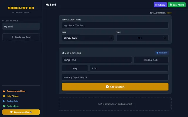 Screenshot of SongList Go - Free Setlist Template & Maker (Printable PDF)