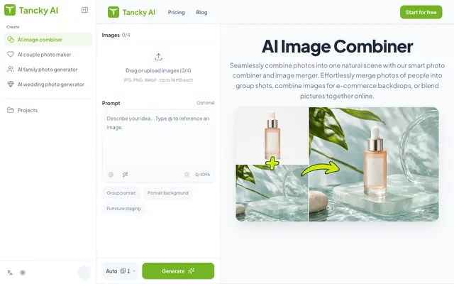 Screenshot of AI Image Combiner & Photo Merger Online Free | Tancky AI