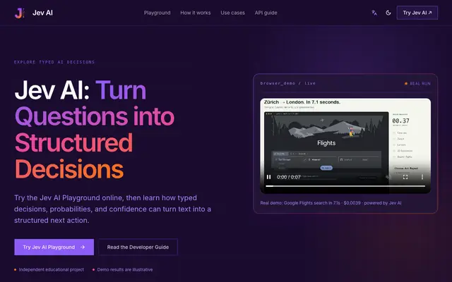 Screenshot of Jev AI — Try the Interactive Playground & Typed Decisions
