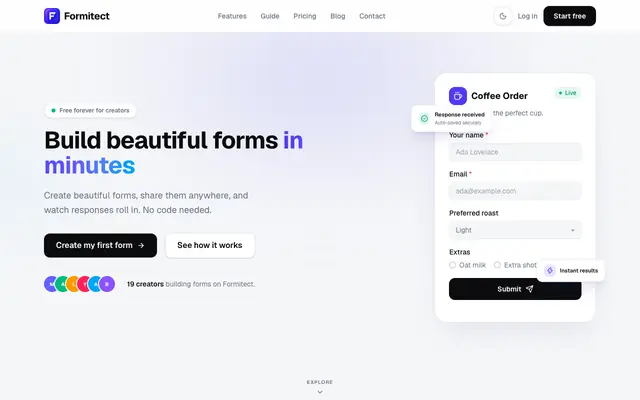 Screenshot of Formitect — Build beautiful forms, share them anywhere, and collect responses —