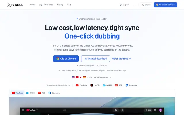 Screenshot of FeedDub · Hear any video in your own language