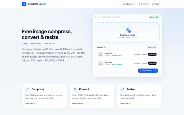 Screenshot of Free image compress, convert & resize — locally, batch + ZIP | Compress Locally