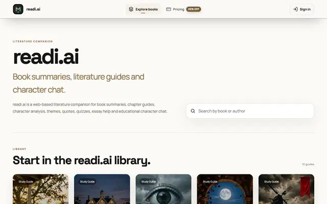 Screenshot of readi.ai — AI Book Summaries, Study Guides & Character Chat