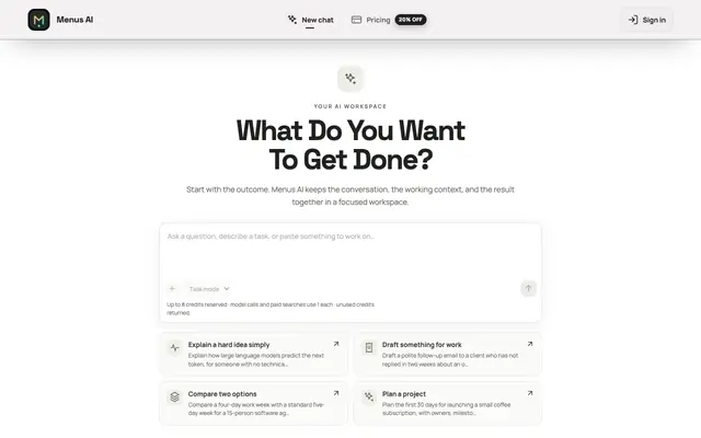 Screenshot of Menus AI — AI Workspace for Research, Documents and Tasks