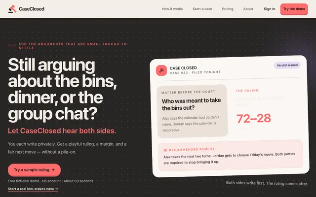 Screenshot of CaseClosed — AI Verdicts for Everyday Arguments